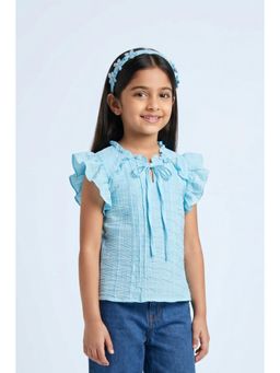 TINY GIRL - Frill Sleeves Textured Detailed Top- Blue