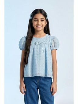 TINY GIRL - Puff Sleeves Floral Embroidered Detailed Top- Powder Blue