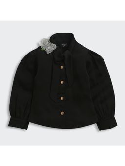 TINY GIRL - Full Sleeves Solid Floral corsage Top- Black