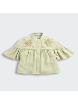 TINY GIRL - Flared Sleeves Solid Embroidered Detailed Top- Green