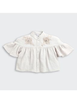 TINY GIRL - Flared Sleeves Solid Embroidered Detailed Top- White