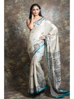 Arhi - Off White Geecha Tusser Handwoven Soft Saree With Allover Charka Design with Unstitched