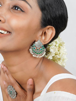 Teejh - Nimrat Green Stone Silver Oxidised Earrings
