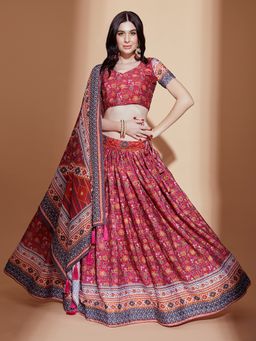 Odette - Magenta Printed Embroidered Semi Stitched Lehenga with Blouse & Dupatta (Set of 3)