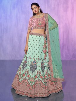 Odette - Sea Green Embroidered Semi Stitched Lehenga with Blouse & Dupatta (Set of 3)
