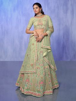 Odette - Green Embroidered Semi Stitched Lehenga with Blouse & Dupatta (Set of 3)