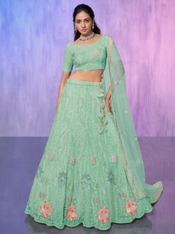 Odette - Sea Green Embroidered Semi Stitched Lehenga with Blouse & Dupatta (Set of 3)