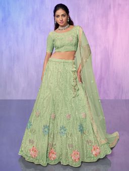 Odette - Green Embroidered Semi Stitched Lehenga with Blouse & Dupatta (Set of 3)