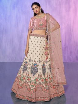 Odette - Off White Embroidered Semi Stitched Lehenga with Blouse & Dupatta (Set of 3)