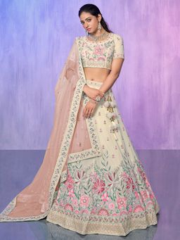 Odette - Off White Embroidered Semi Stitched Lehenga with Blouse & Dupatta (Set of 3)