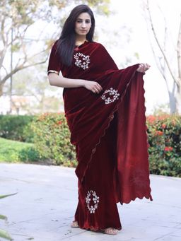 Odette - Women Velvet Embroidered Maroon Saree with Unstitched Blouse