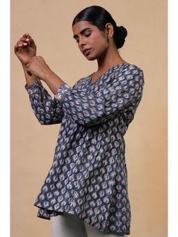 Folksong - Yale Blue Ethnic Motif Mirror Work Cotton A-Line Tunic for Women