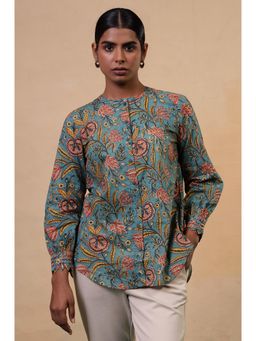 Folksong - Turquoise Floral Hand Block Printed Cotton Tunic Top for Women