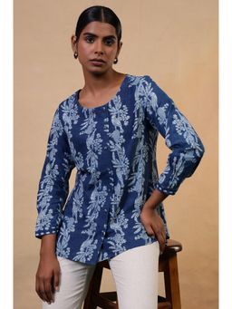 Folksong - Indigo Cotton Straight-Fit Tropical Hand Block Printed Tunic for Women