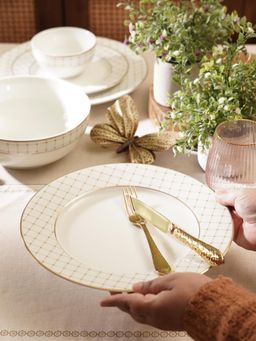 Pure Home + Living - Ivory Ceramic Criss Cross Detail Dinner Plates