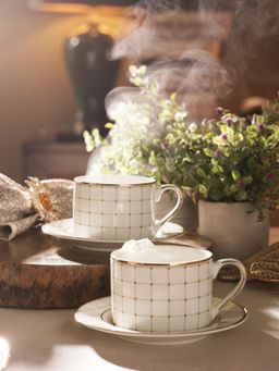 Pure Home + Living - Ivory Ceramic Criss Cross Detail Cup And Saucer (Pack of 2)