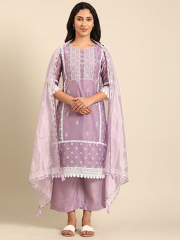 Imara - Purple Chanderi Three-Piece Kurta with Palazzo and Dupatta (Set of 3)