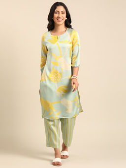 Imara - Mint Floral Printed Straight Kurta with Pant (Set of 2)