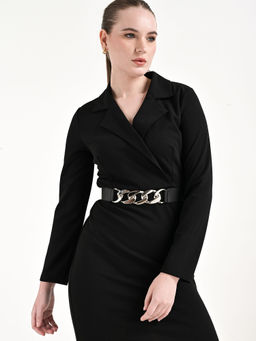 Kazo - Black Silver Metal Chain Accented Elasticated Belt