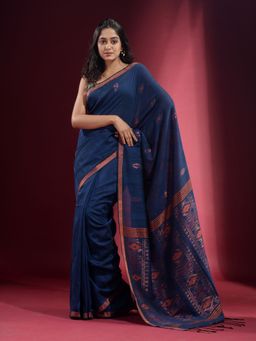 CHARUKRITI - Prussian Blue with Zari Motif and Pattern Saree with Unstitched Blouse