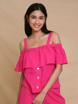 Threadbare - Hot Pink Linen Blend Strap Bardot Top