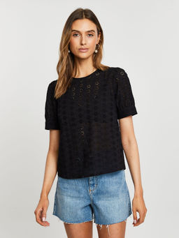 Threadbare - Black Cotton Broderie Anglaise Puff Sleeve Blouse