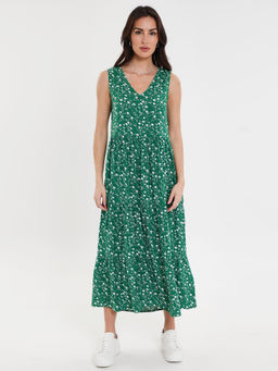 Threadbare - Green Ditsy Floral Print Tiered V-Neck Midi Dress