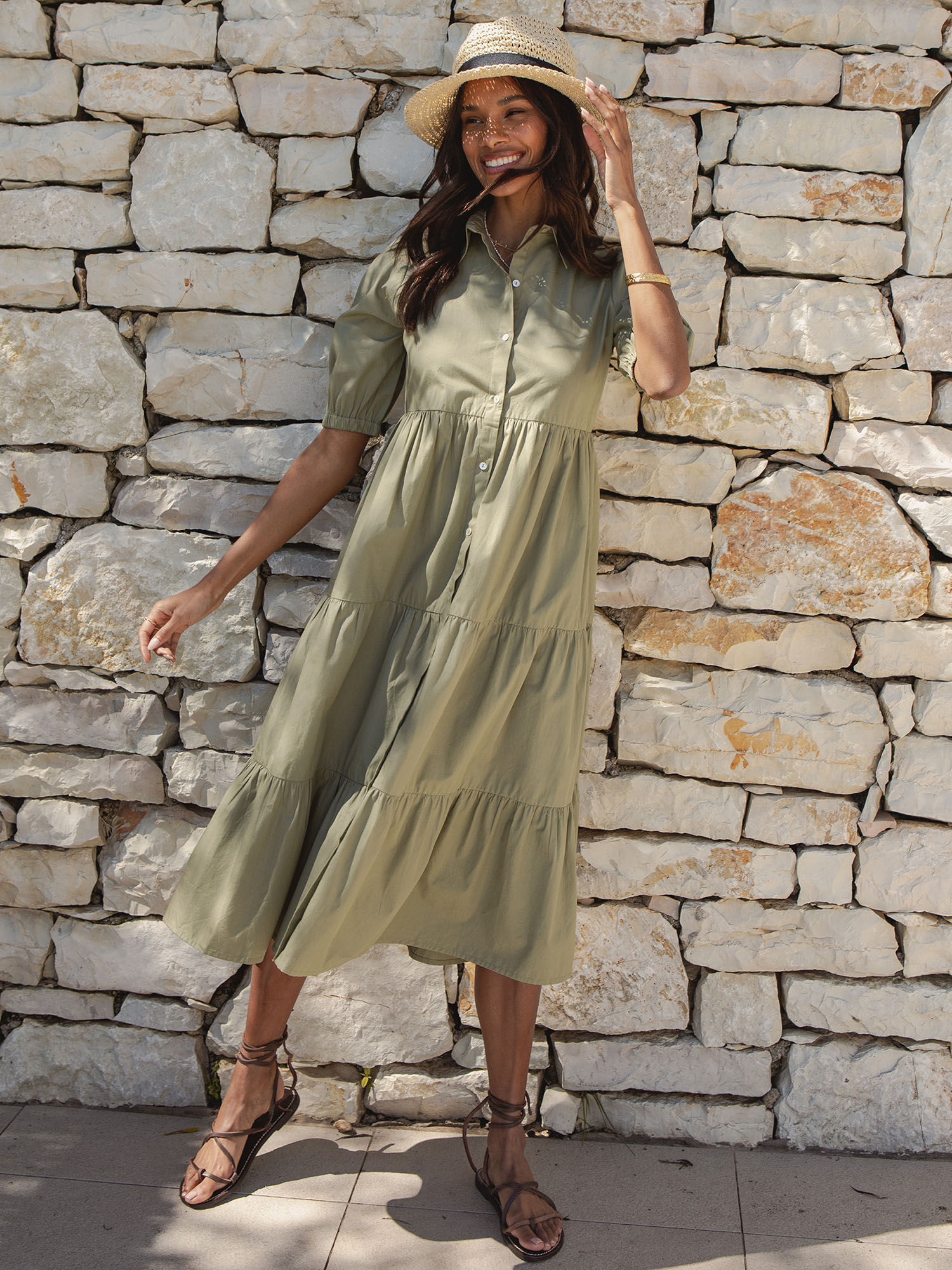 Buy Threadbare Khaki Button Down Collared Tiered Midi Shirt Dress (M) Online