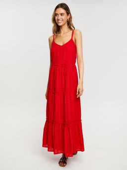 Threadbare - Red Broderie Anglaise Cami Strap Tiered Midi Dress