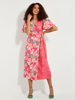 Threadbare - Pink Floral Print Satin Wrap Dress