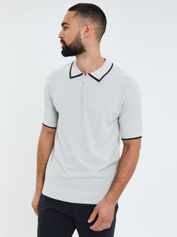Threadbare - Luxe Men Misty Grey Quarter Zip Knitted Polo