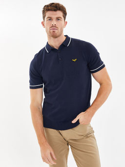 Threadbare - Men Navy Tipping Button Collar Knitted Polo T-Shirt