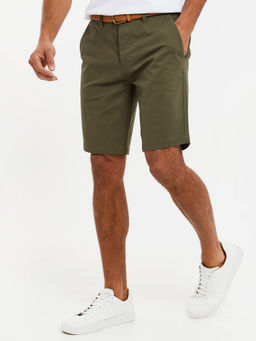 Threadbare - Men Khaki Belted Stretch Slim Fit Chino Shorts