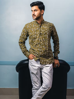 JAVINISHKA - Green Fish Hand Block Printed Slim Fit Shirt