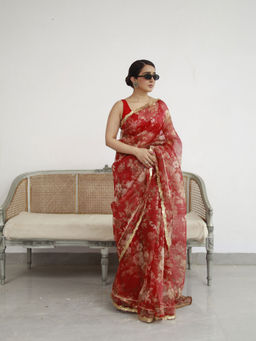 Tikhi Imli - Red Floral Digital Printed Organza Saree with Sequin Lace with Unstitched Blouse