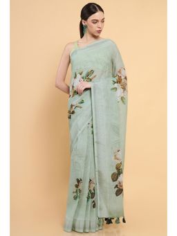 Soch - Women Green Linen Printed Saree with Stitched Blouse