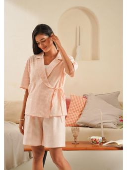 Muvazo - Gingham Bliss Peach Robe with Cami Top and Shorts