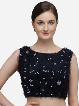 Amrutam Fab - Womens Sequences Navy Blue Silk Stiched Blouse With Boat Neck