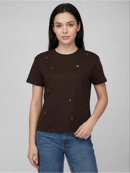 R&B - Brown Embellished Women Short Sleeves T-Shirt