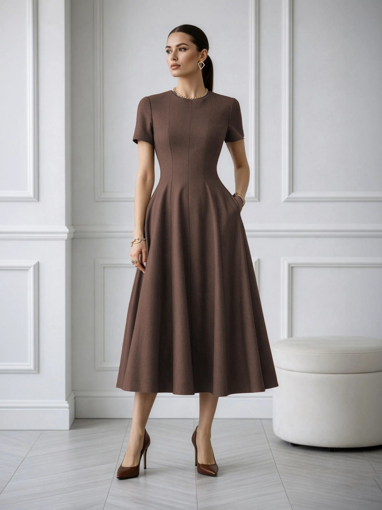 Women Brown Essential Flared Dress-picture-38