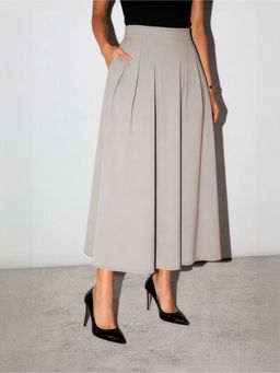 Cove and Lane - Women Grey Solid Soft Suit Fabric Pleated Skirt