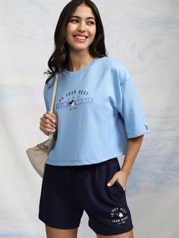 TOKYO TALKIES - Women Blue and Navy Mickey Mouse Printed Crop T-Shirt with Shorts (Set of 2)