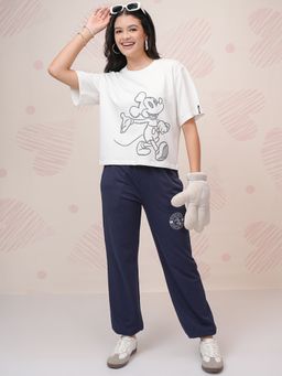 TOKYO TALKIES - Women White and Navy Mickey Mouse Print Crop T-shirt and Jogger (Set of 2)