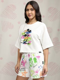 TOKYO TALKIES - Women White Mickey Mouse Printed Graphic T-shirt and Shorts (Set of 2)