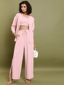 TOKYO TALKIES - Women Pink V Neck Shoulder Straps Top and Oversized Shirt With Pant (Set of 3)