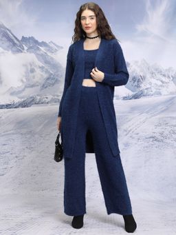 TOKYO TALKIES - Women Navy Blue Self-Design Crop Top With Pant and Cardigan (Set of 3)