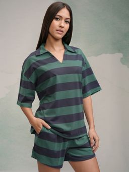 TOKYO TALKIES - Women Wo Green Navy Blue Striped Polo Neck T-shirt and Shorts (Set of 2)