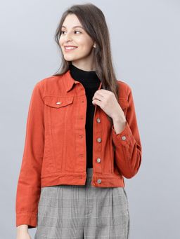 TOKYO TALKIES - Women Rust Solid Cotton Crop Denim Jacket