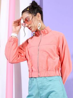 TOKYO TALKIES - Women Elegant Coral Solid Bomber Jacket