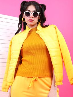 TOKYO TALKIES - Women Yellow Striped Longline Puffer Jacket